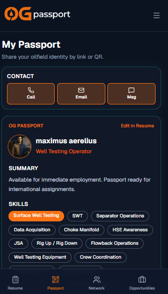OG Passport app showing a professional oilfield profile with skills, contact actions, and QR sharing